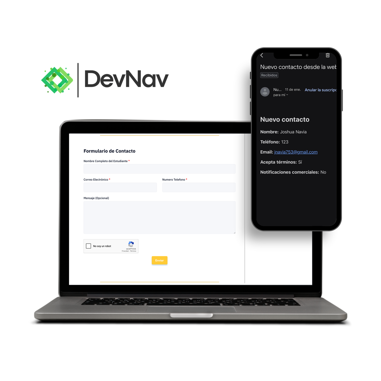 Imagen de ejemplo de mensajes enviados por formulario a Gmail
